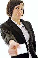 Image showing young business  woman displaying empty business card