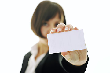 Image showing young business  woman displaying empty business card