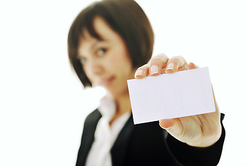 Image showing young business  woman displaying empty business card