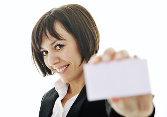 Image showing young business  woman displaying empty business card