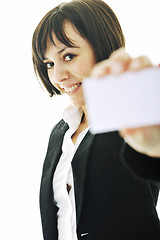 Image showing young business  woman displaying empty business card