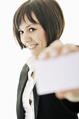 Image showing young business  woman displaying empty business card