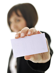 Image showing young business  woman displaying empty business card