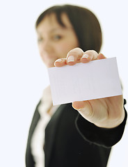 Image showing young business  woman displaying empty business card