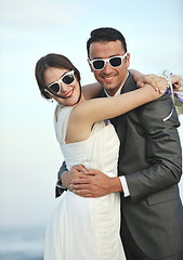 Image showing romantic beach wedding at sunset