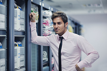 Image showing young it engeneer in datacenter server room