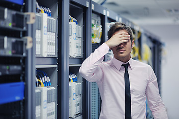 Image showing young it engeneer in datacenter server room