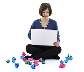 Image showing young woman isolated on white looking for solutions