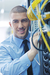 Image showing young it engeneer in datacenter server room