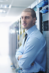 Image showing young it engeneer in datacenter server room