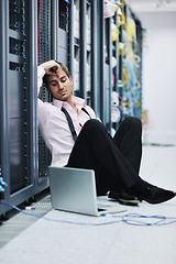 Image showing businessman with laptop in network server room