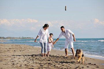 Image showing happy family playing with dog on beach