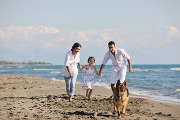 Image showing happy family playing with dog on beach