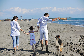 Image showing happy family playing with dog on beach