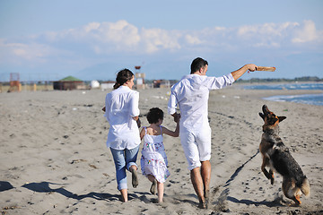 Image showing happy family playing with dog on beach