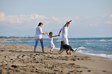 Image showing happy family playing with dog on beach