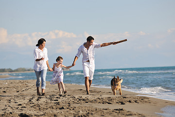 Image showing happy family playing with dog on beach