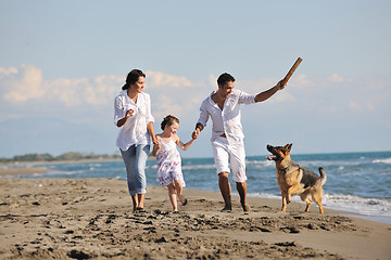 Image showing happy family playing with dog on beach