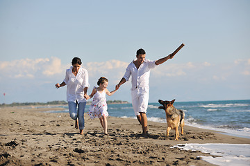 Image showing happy family playing with dog on beach