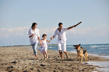 Image showing happy family playing with dog on beach