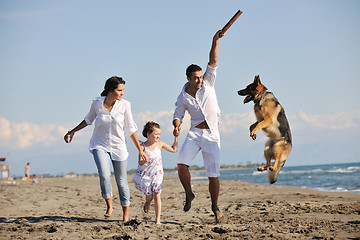 Image showing happy family playing with dog on beach