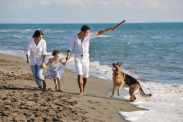 Image showing happy family playing with dog on beach