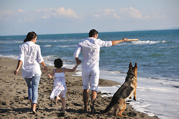 Image showing happy family playing with dog on beach