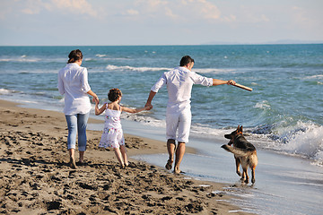 Image showing happy family playing with dog on beach