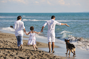 Image showing happy family playing with dog on beach