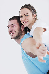 Image showing happy young couple fitness workout and fun