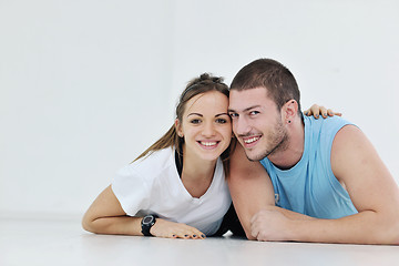 Image showing happy young couple fitness workout and fun