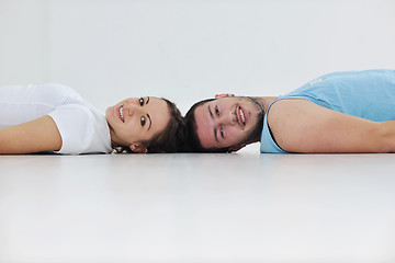 Image showing happy young couple fitness workout and fun