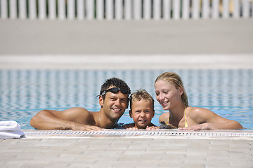 Image showing happy young family have fun on swimming pool