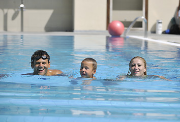 Image showing happy young family have fun on swimming pool