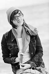 Image showing beautiful young woman on beach with scarf