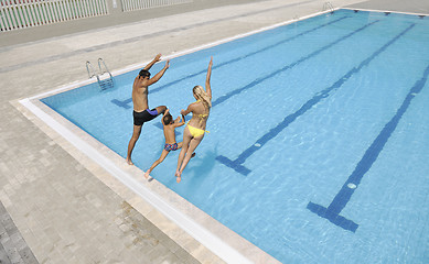 Image showing happy young family have fun on swimming pool