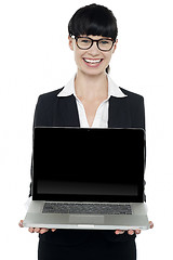 Image showing Confident young executive presenting laptop