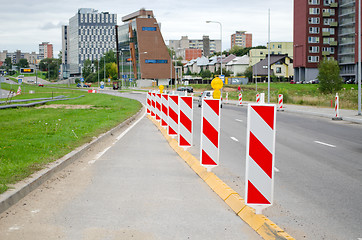 Image showing warning signs on road construction car houses city 