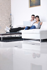 Image showing joyful couple relax and work on laptop computer at modern home