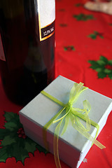 Image showing Christmas celebration with good wine and gift box