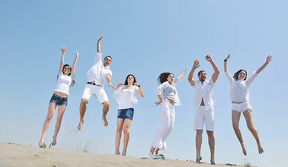 Image showing Group of happy young people in have fun at beach