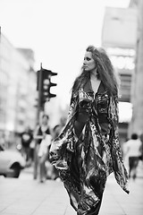 Image showing elegant woman on city street at night