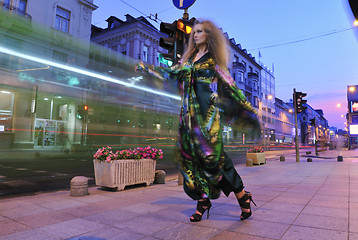 Image showing elegant woman on city street at night