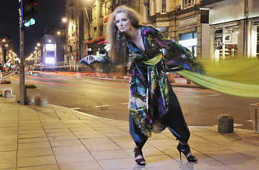 Image showing elegant woman on city street at night