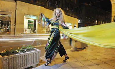 Image showing elegant woman on city street at night