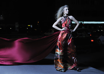 Image showing elegant woman on city street at night