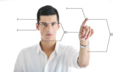 Image showing businessman touching futuristic screen