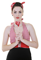 Image showing happy woman with lollipop isolated on white 