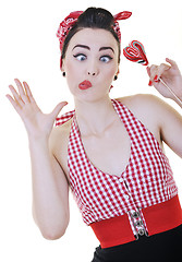 Image showing happy woman with lollipop isolated on white 