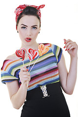 Image showing happy woman with lollipop isolated on white 